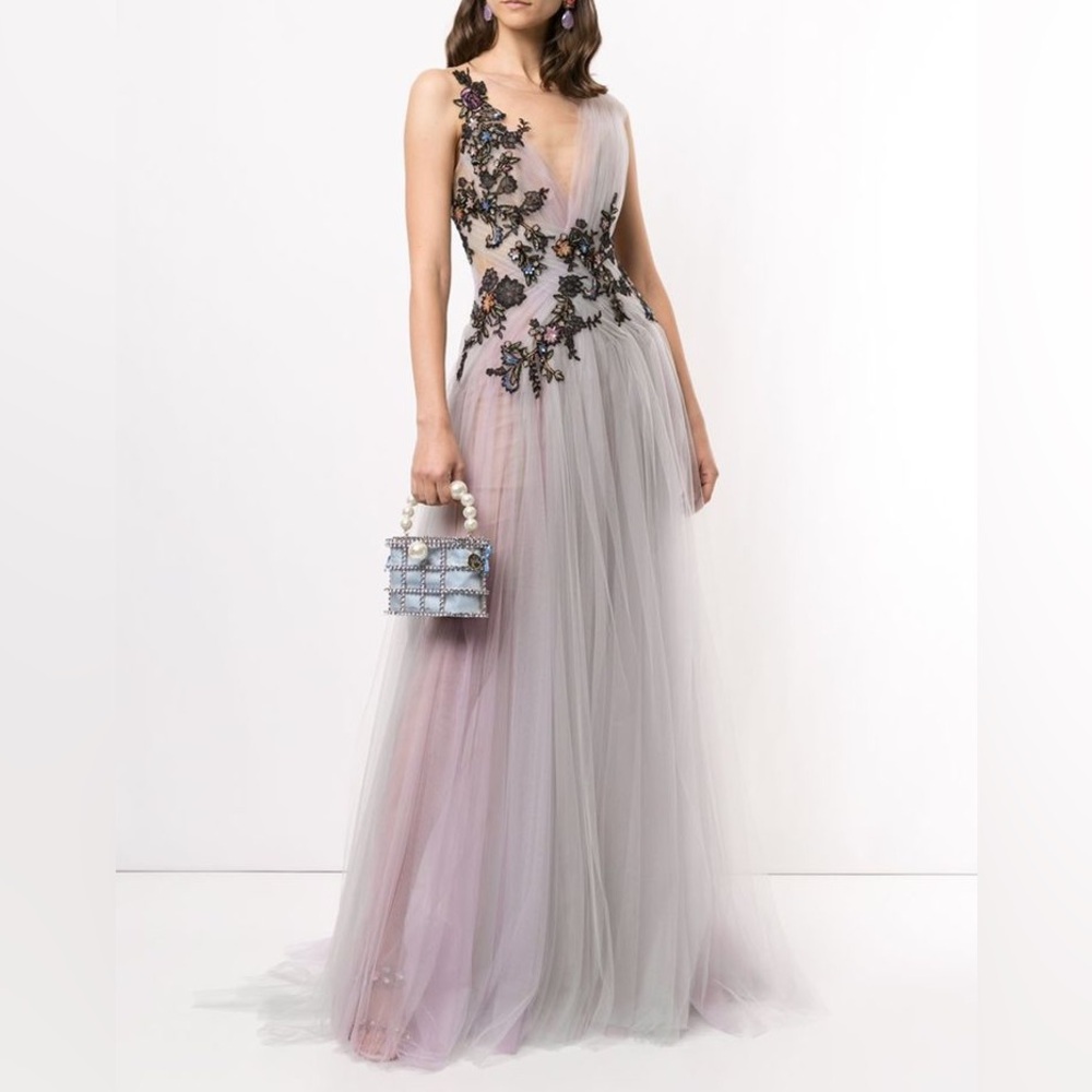 $5995 Marchesa Couture Floral Applique Tulle Gown hand embroidered lace gown